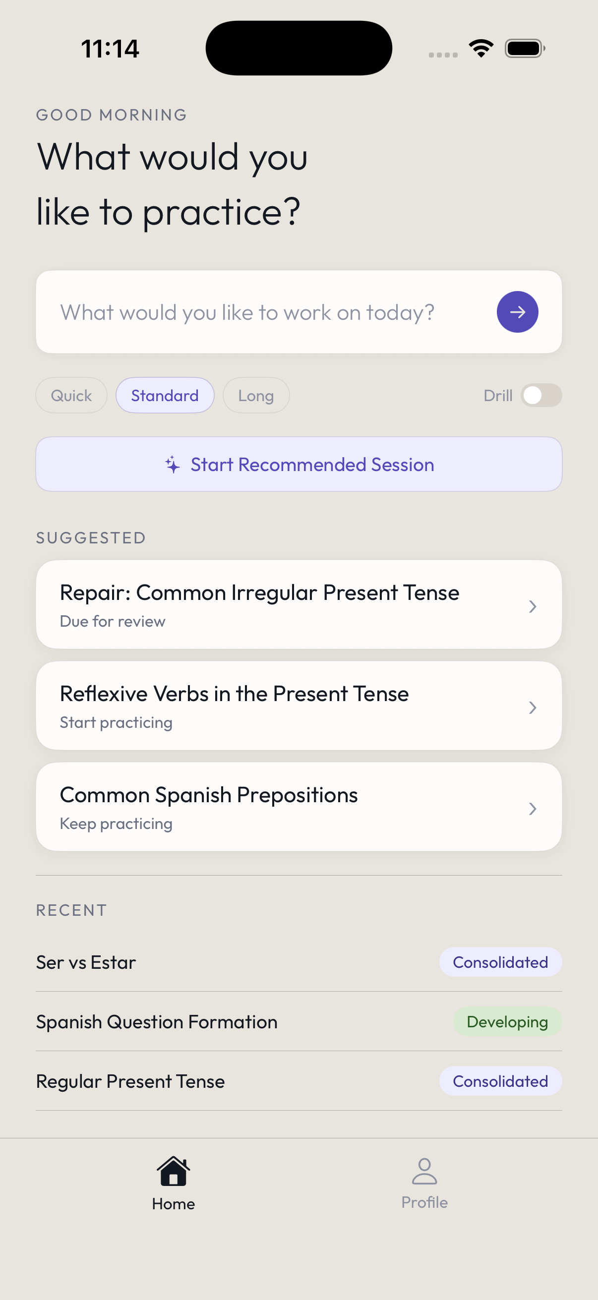 Neevra home screen showing suggested sessions